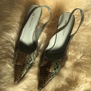 Teal and brown snake skin heels